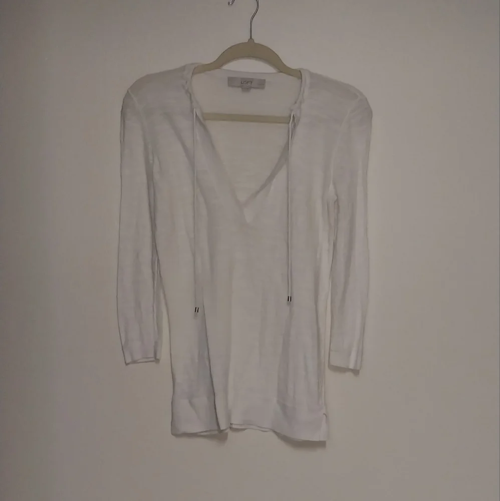 LOFT 100% cotton ivory white long sleeve drawstring lightweight sweater